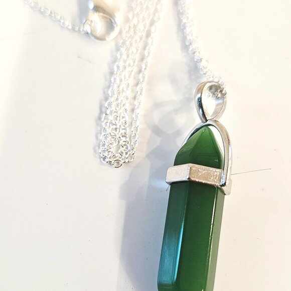 Dark Jade Bullet Point Crystal Pendant Necklace on 24' Silver Chain - Picture 2 of 3